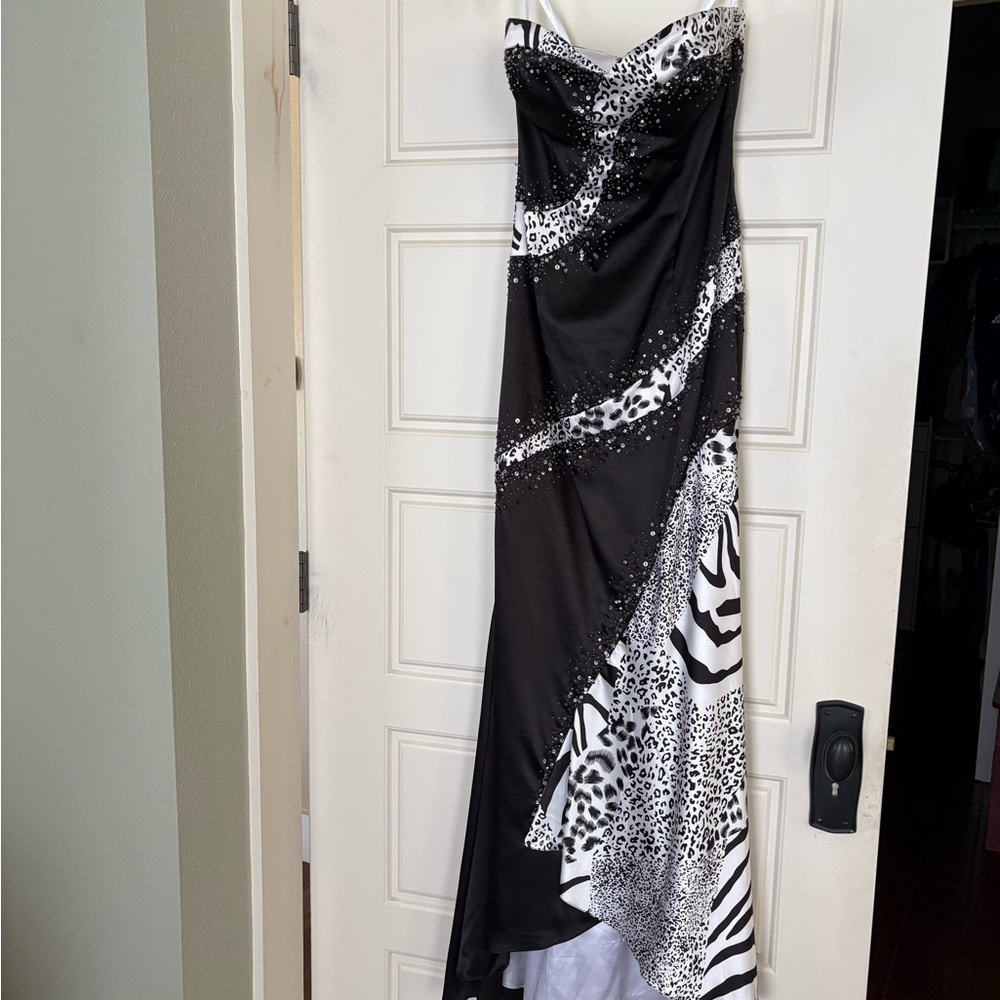 Night Moves Black and White Strapless Animal Print Gown